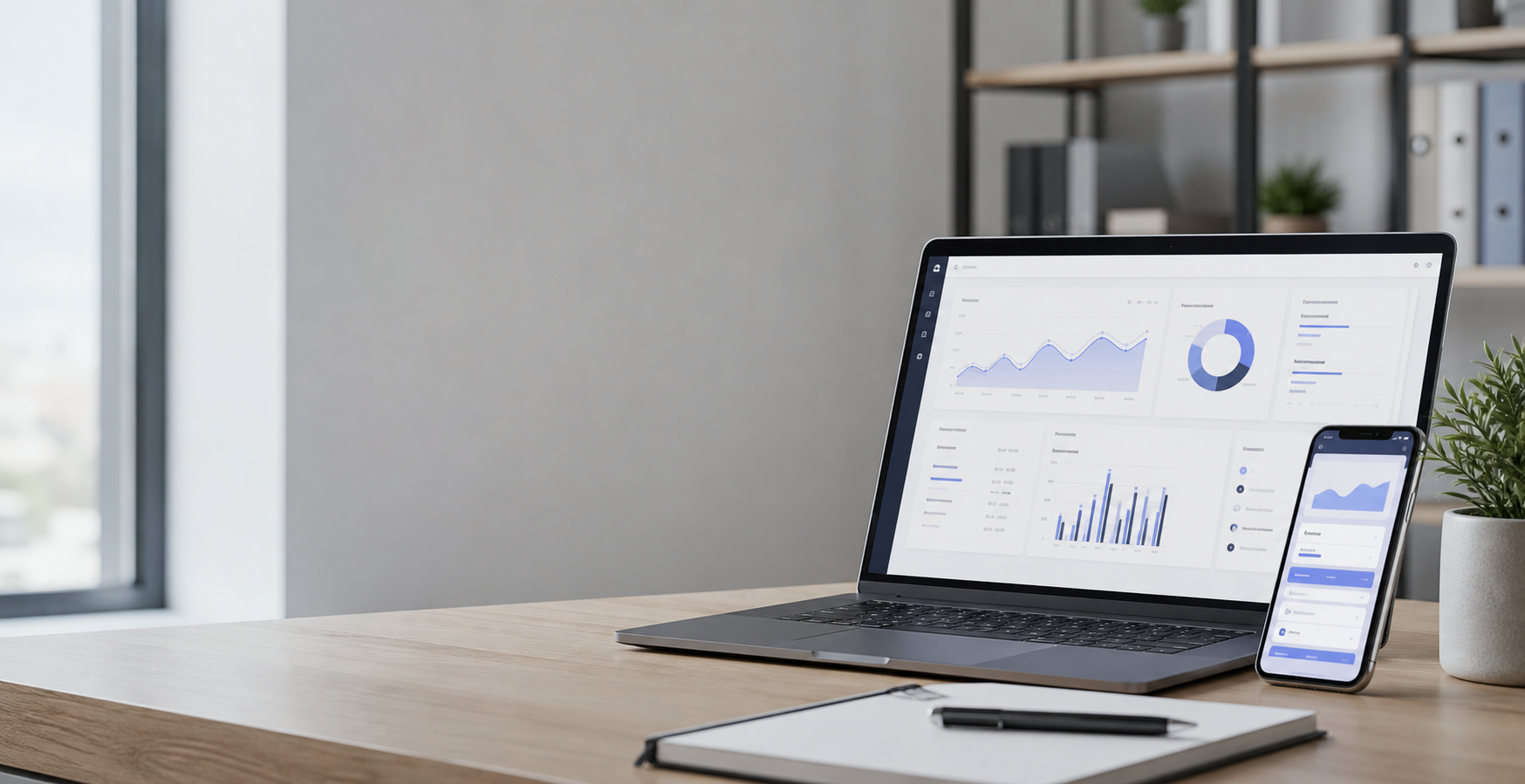 Office workspace with laptop and mobile analytics dashboards